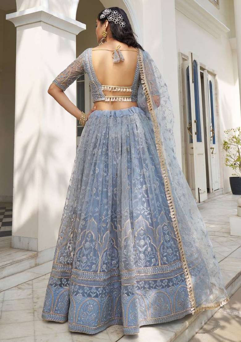 Grey Embroidered Net Lehenga Set - Indya
