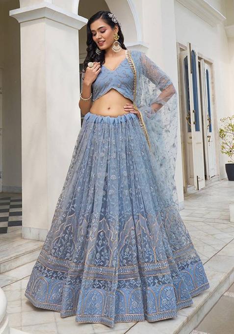 Grey Embroidered Net Lehenga Set