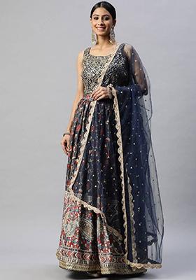Blue Embroidered Silk Lehenga Set