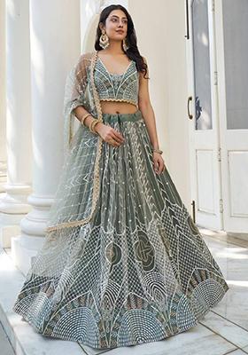 Olive Embroidered Net Lehenga Set
