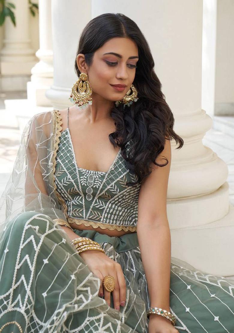Olive Embroidered Net Lehenga Set