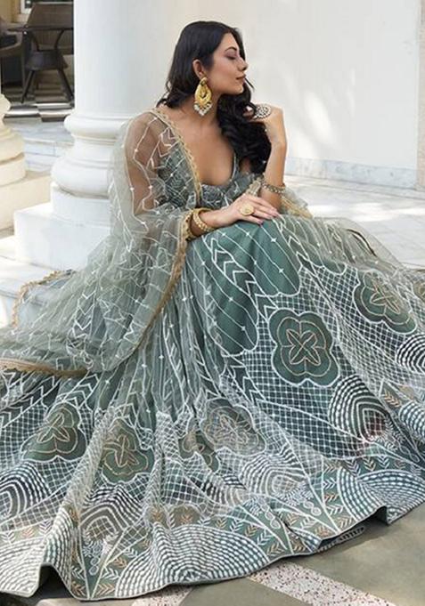 Olive Embroidered Net Lehenga Set