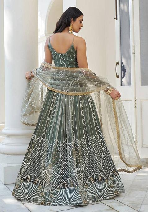 Olive Embroidered Net Lehenga Set