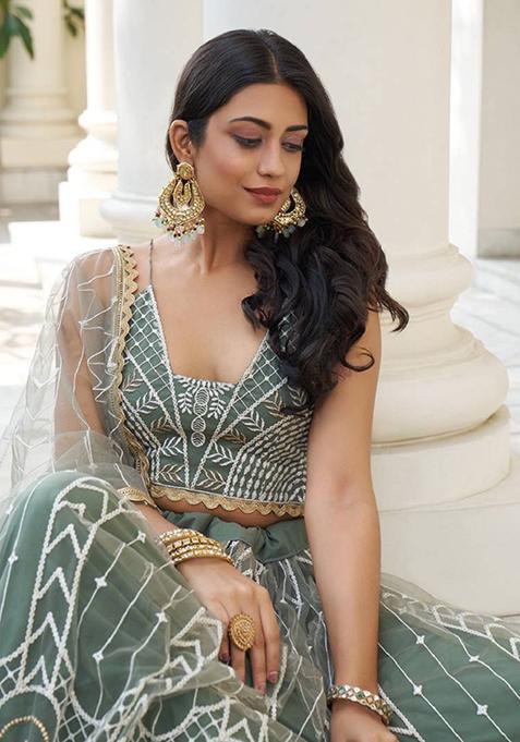 Olive Embroidered Net Lehenga Set