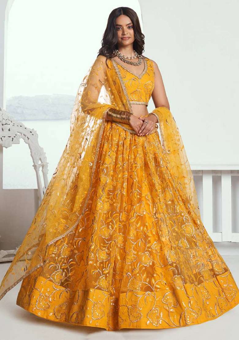 Yellow Embroidered Net Lehenga Set - Indya