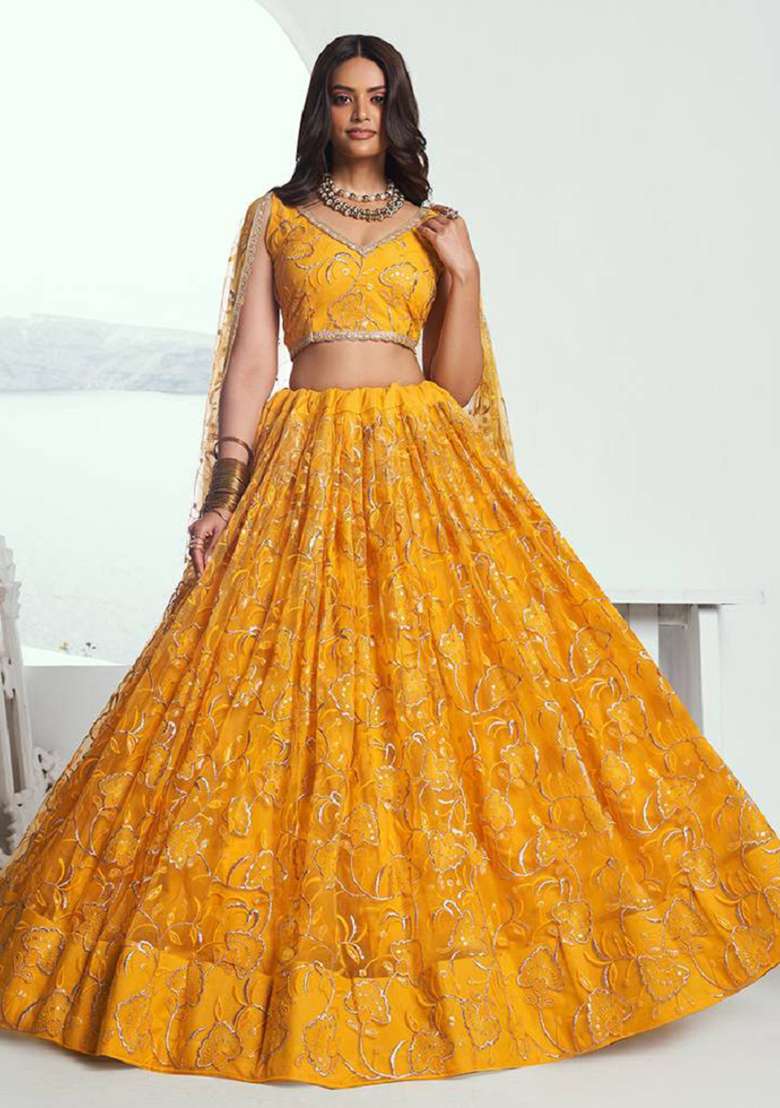 Yellow Embroidered Net Lehenga Set - Indya