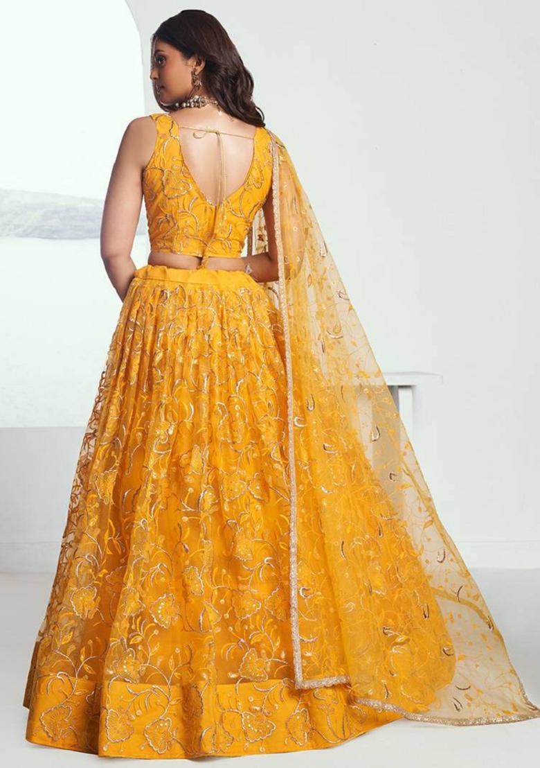 Yellow Embroidered Net Lehenga Set