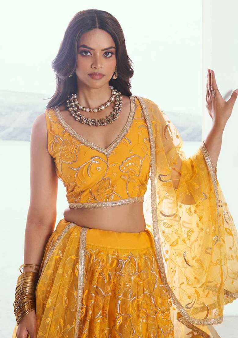Yellow Embroidered Net Lehenga Set - Indya