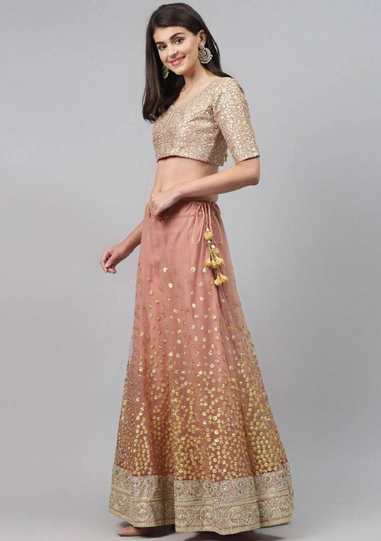 Beige Embroidered Net Lehenga Set