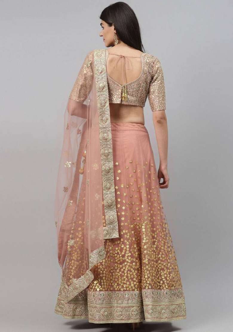 Beige Net Lehenga Set with Embroidered for Diwali | Wedding & Festive Wear - Indya