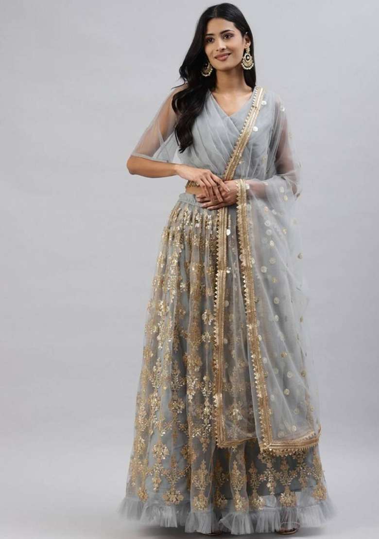 Grey Embroidered Net Lehenga Set - Indya