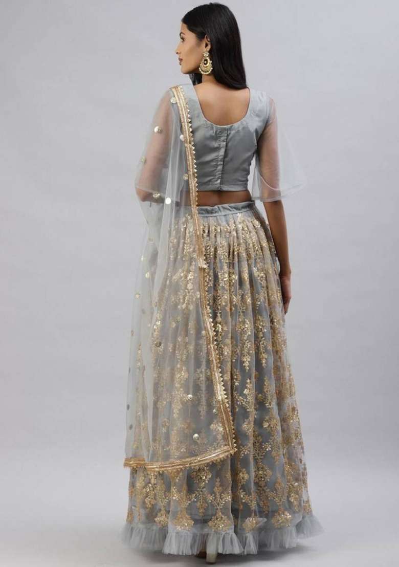 Grey Embroidered Net Lehenga Set - Indya