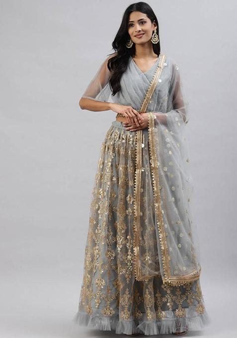 Grey Embroidered Net Lehenga Set