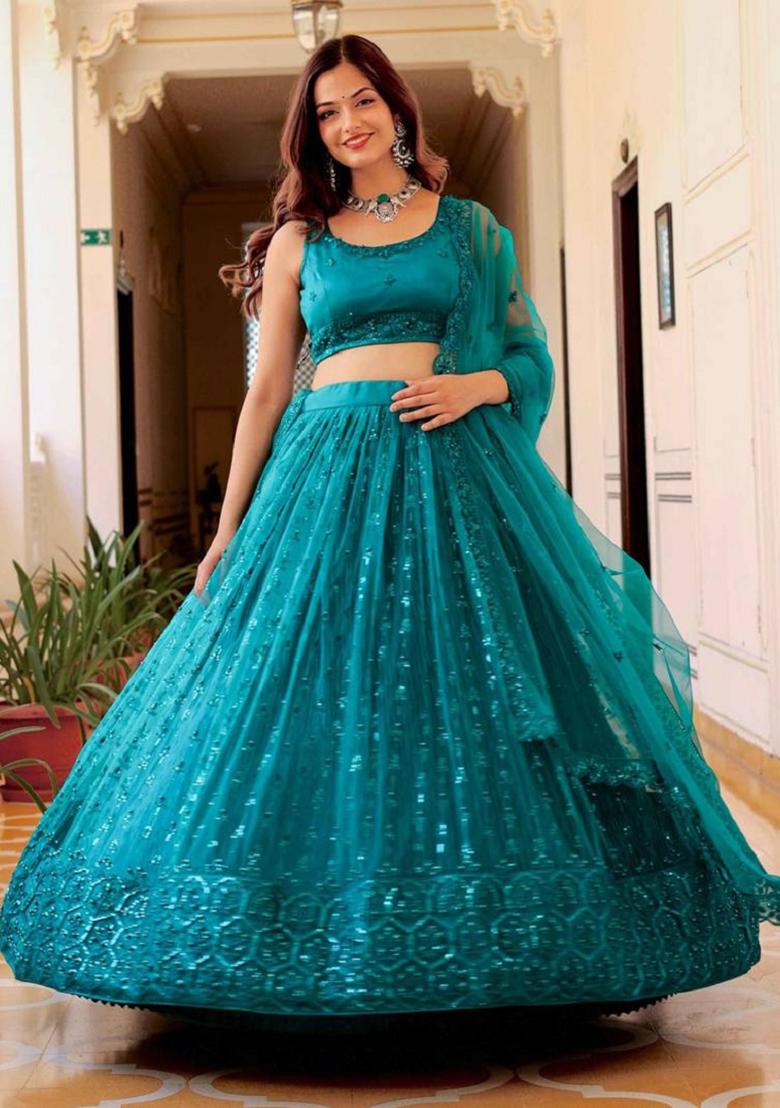 Teal Blue Embroidered Net Lehenga Set