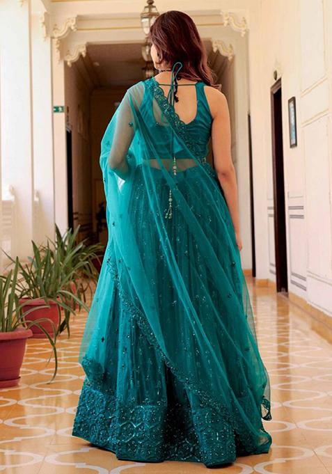 Teal Blue Embroidered Net Lehenga Set