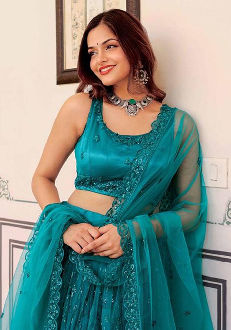Teal Blue Embroidered Net Lehenga Set