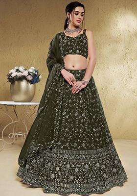 Green Embroidered Georgette Lehenga Set