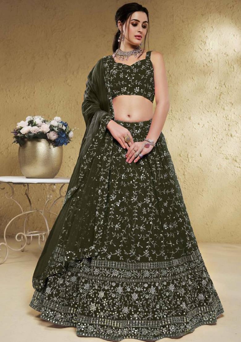 Green Embroidered Georgette Lehenga Set