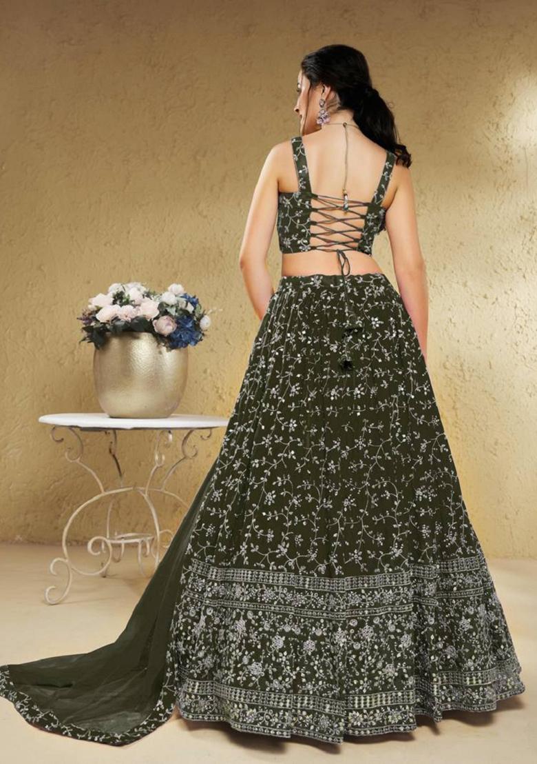 Green Embroidered Georgette Lehenga Set