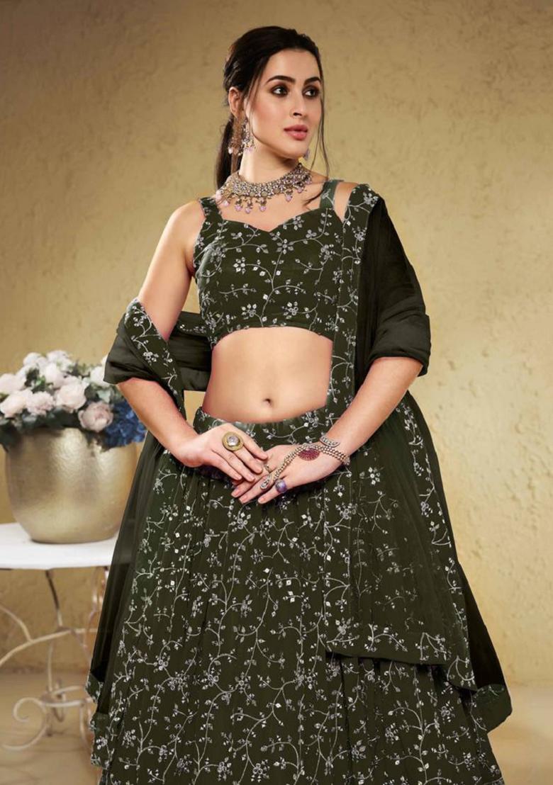 Green Embroidered Georgette Lehenga Set