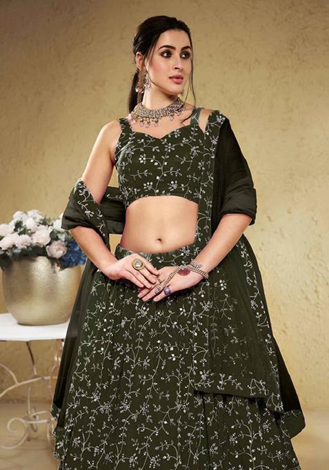 Green Embroidered Georgette Lehenga Set