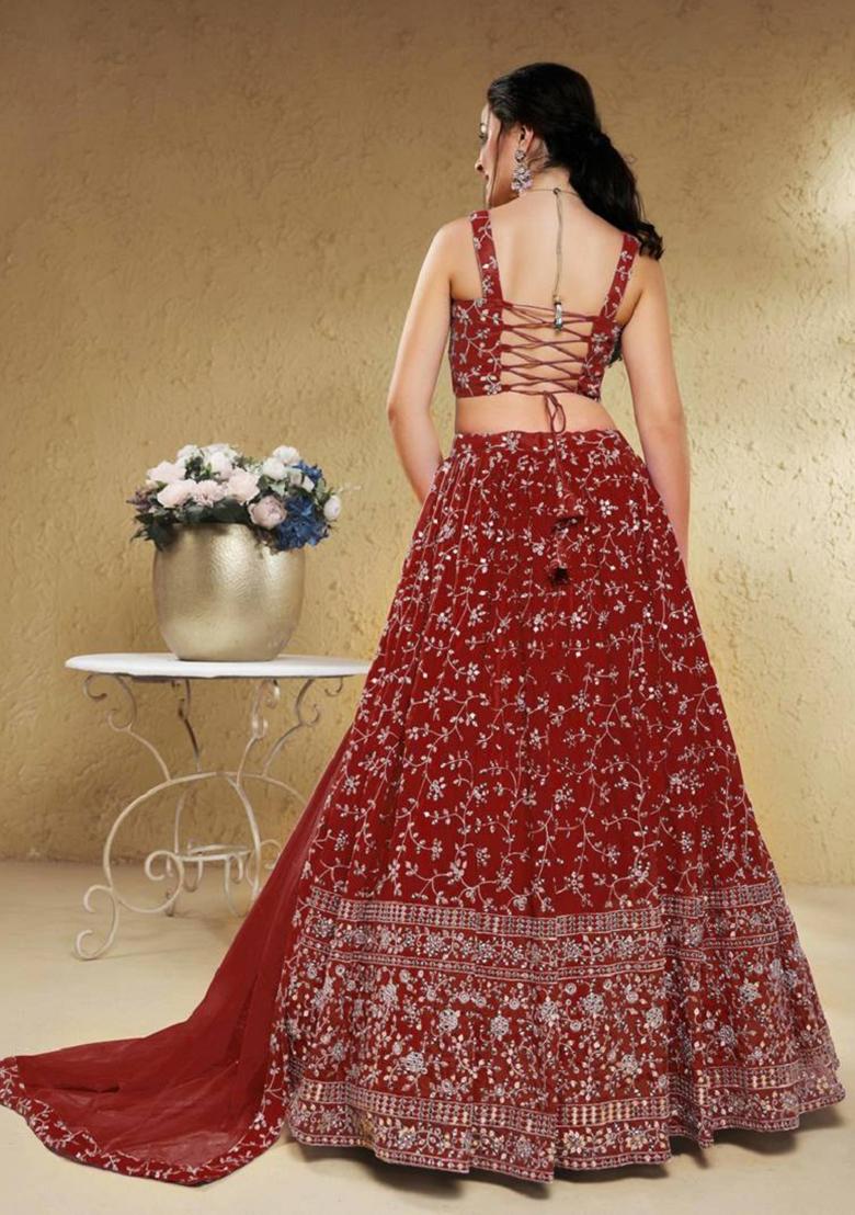 Red Embroidered Georgette Lehenga Set