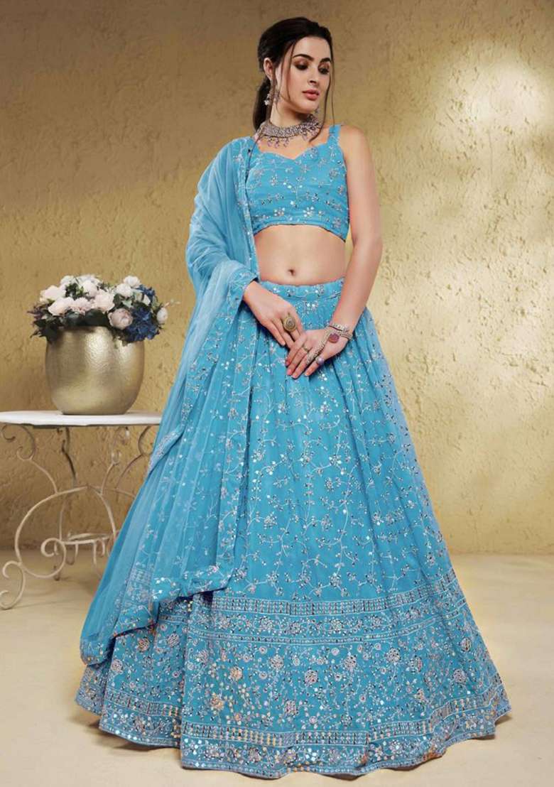 Sky Blue Georgette Lehenga Set with Embroidered for Diwali | Wedding & Festive Wear - Indya