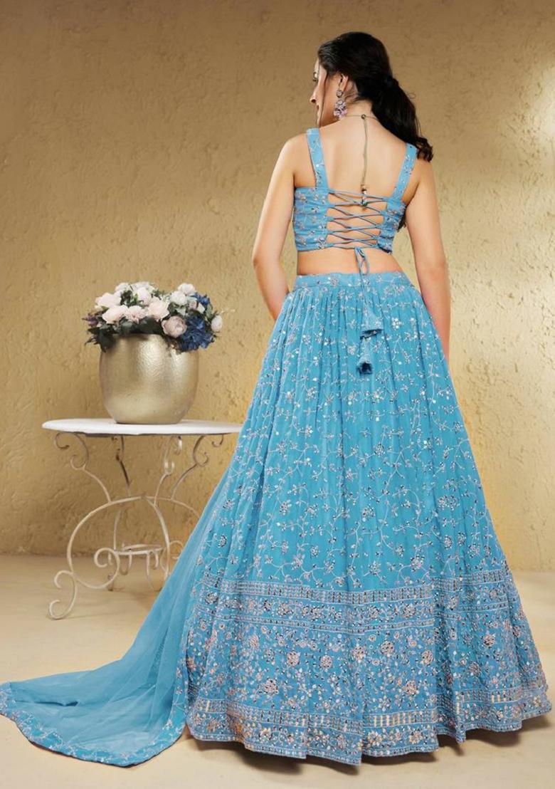 Sky Blue Embroidered Georgette Lehenga Set