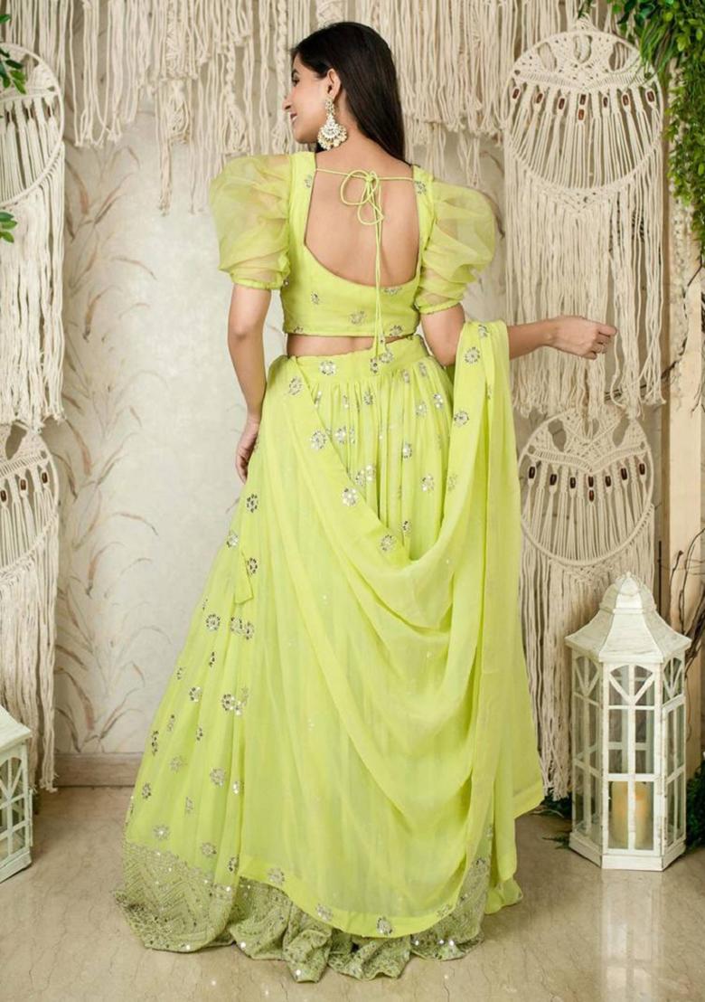 Lime Green Embroidered Georgette Lehenga Set