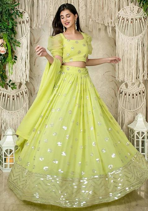 Lime Green Embroidered Georgette Lehenga Set