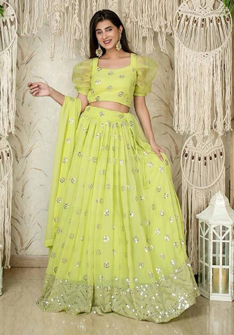 Lime Green Embroidered Georgette Lehenga Set
