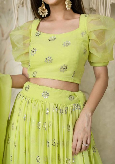 Lime Green Embroidered Georgette Lehenga Set