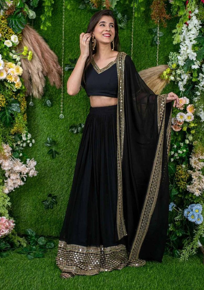 Black Embroidered Georgette Lehenga Set