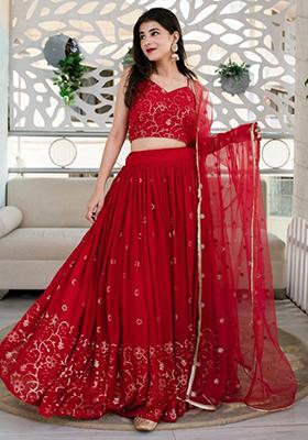 Red Embroidered Georgette Lehenga Set
