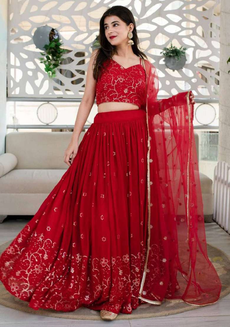 Red Georgette Lehenga Set with Embroidered for Diwali | Wedding & Festive Wear - Indya