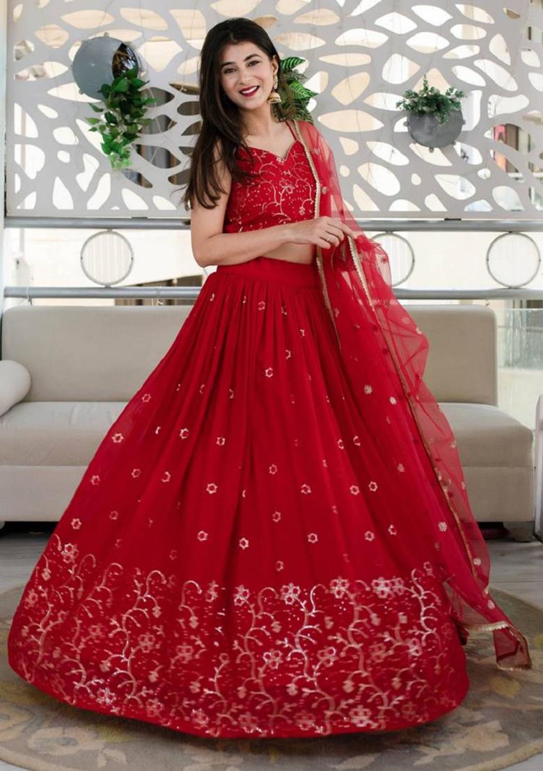 Red Embroidered Georgette Lehenga Set