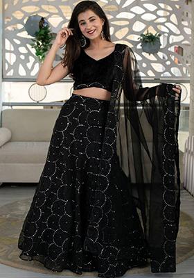 Black Embroidered Net Lehenga Set