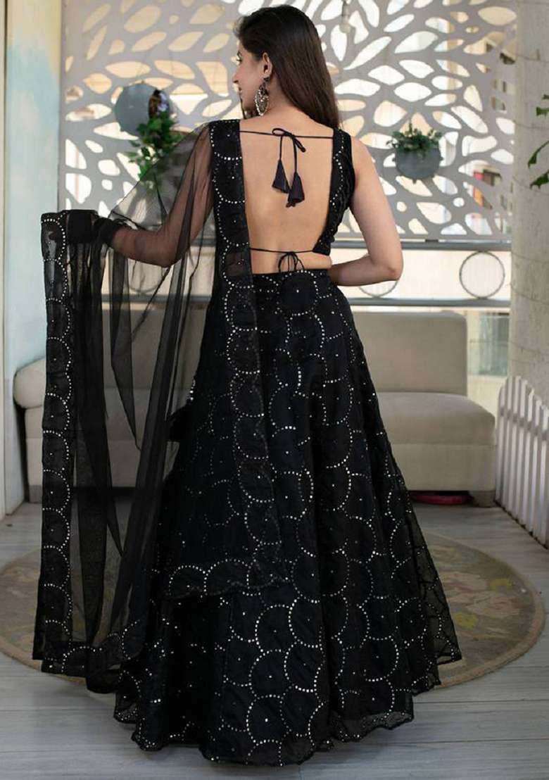 Black Net Lehenga Set with Embroidered for Diwali | Wedding & Festive Wear - Indya