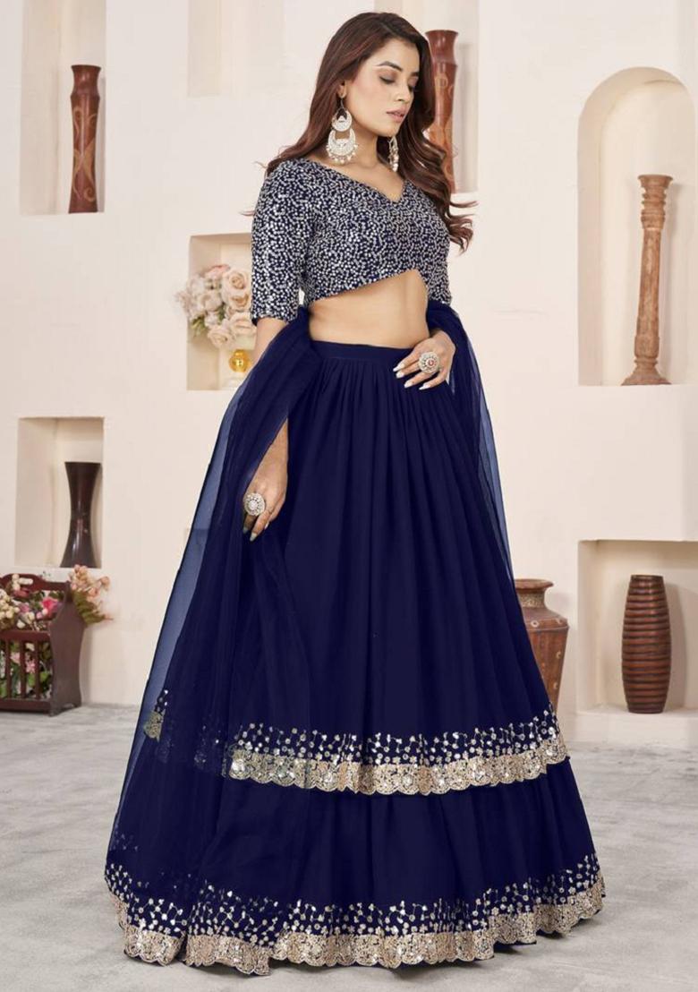 Blue Embroidered Georgette Lehenga Set