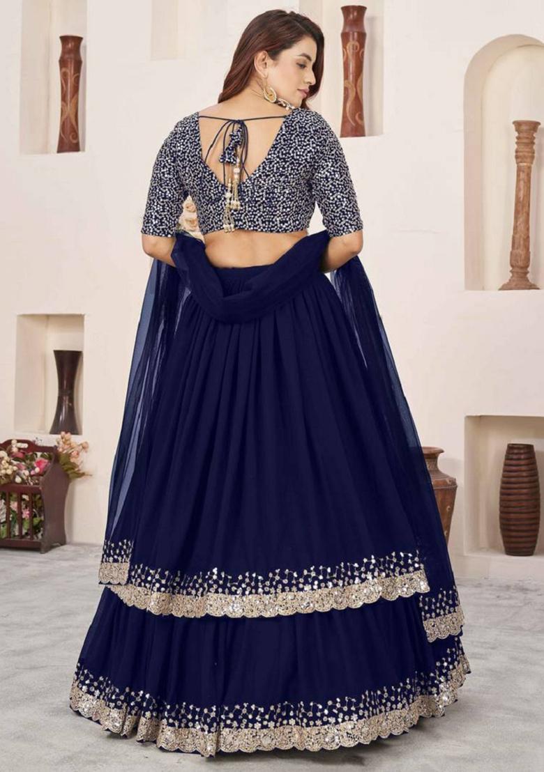 Blue Embroidered Georgette Lehenga Set