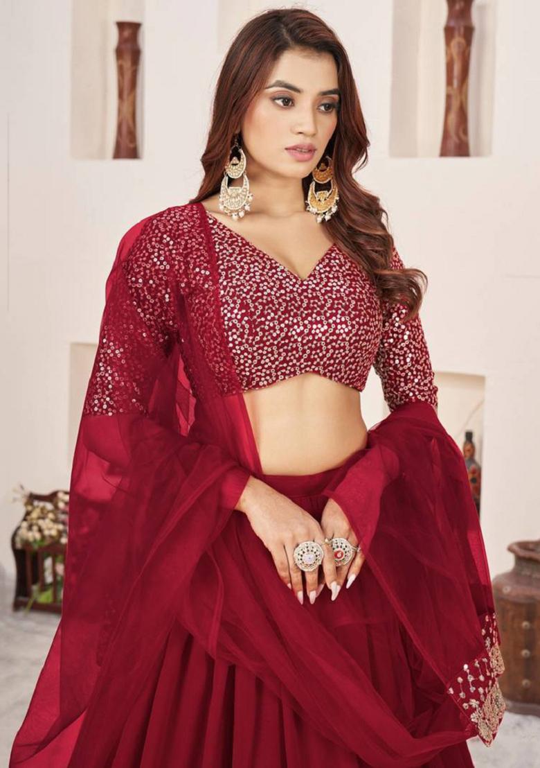Maroon Embroidered Georgette Lehenga Set