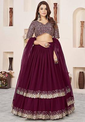 Purple Embroidered Georgette Lehenga Set