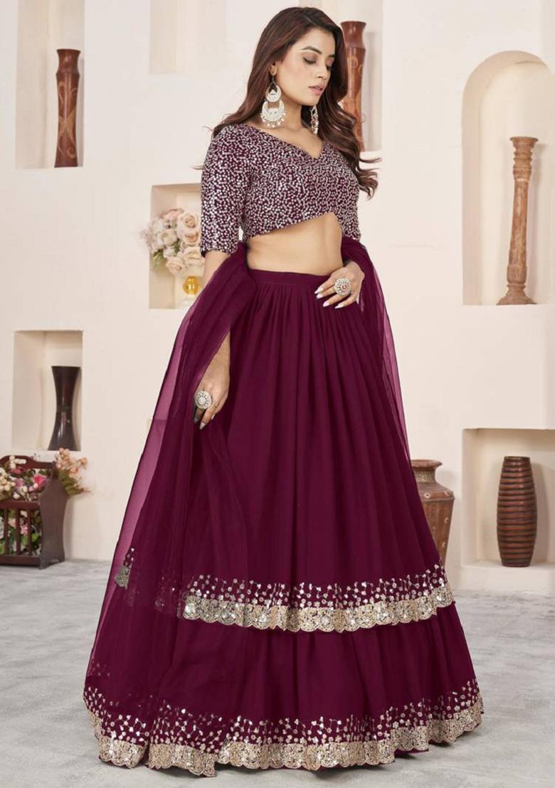 Purple Embroidered Georgette Lehenga Set