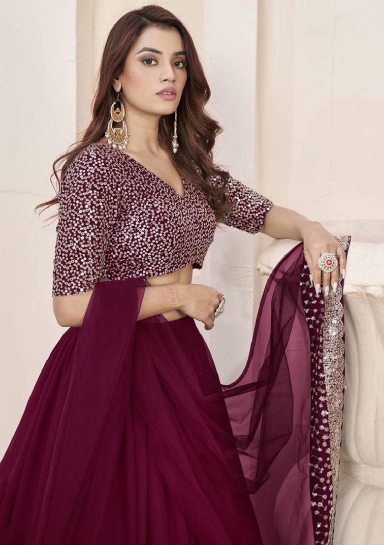 Purple Embroidered Georgette Lehenga Set