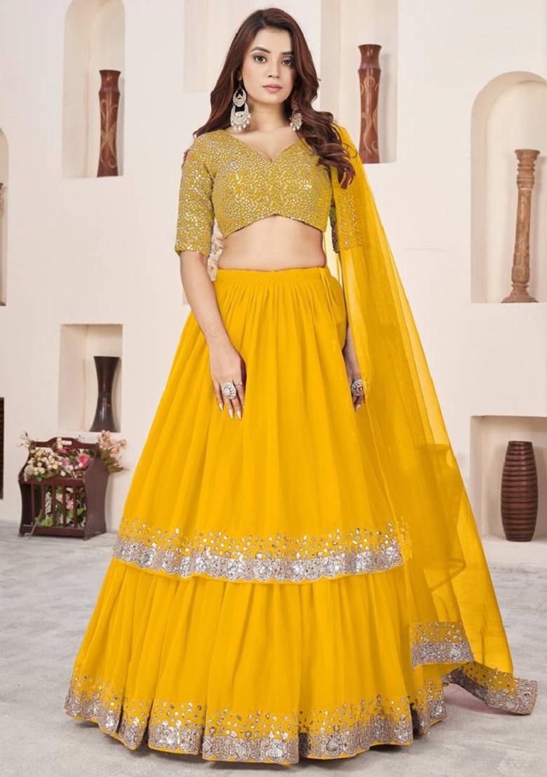 Yellow Embroidered Georgette Lehenga Set