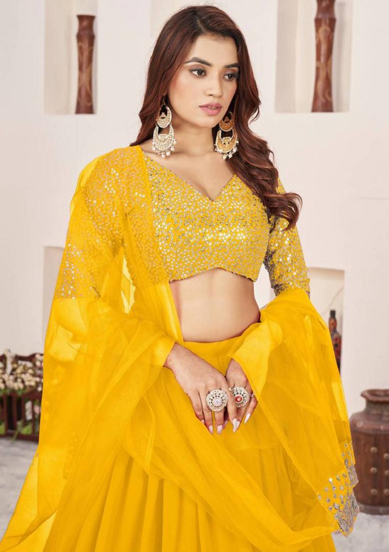 Yellow Embroidered Georgette Lehenga Set