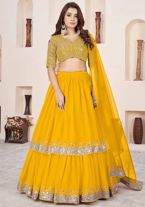 Yellow Embroidered Georgette Lehenga Set