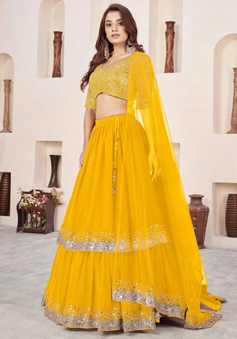Yellow Embroidered Georgette Lehenga Set