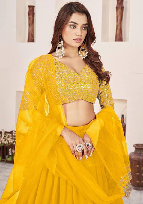 Yellow Embroidered Georgette Lehenga Set