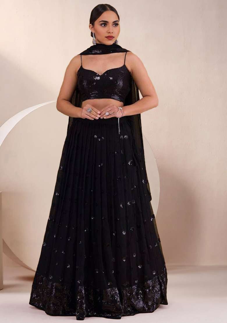 Black Embroidered Georgette Lehenga Set for Diwali and Festive Wear - Indya